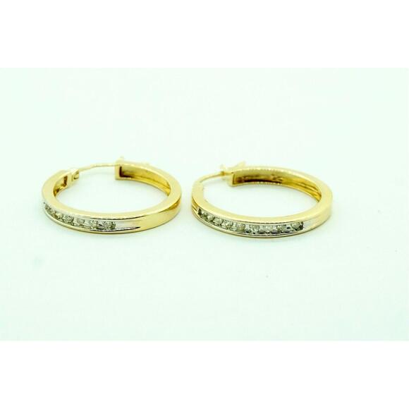 "Estate 14k Yellow Gold Gemstone Hoop Earrings Diamond Hoops - Picture 3 of 5